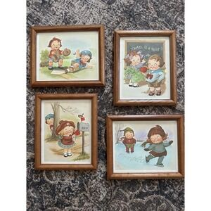 Set of (4) Vintage Campbells Kids Four Seasons Art Prints 8" x 10" 1960s FRAMED